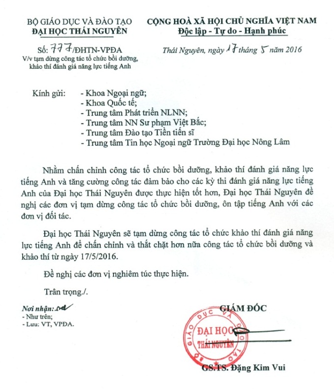 Tạm dừng công tác đánh giá năng lực tiếng Anh tại ĐH Thái Nguyên