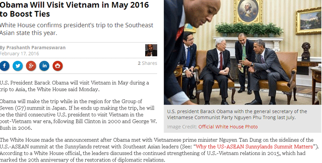 Truyền thông quốc tế đưa tin về chuyến thăm Việt Nam của Tổng thống Hoa Kỳ Barack Obama