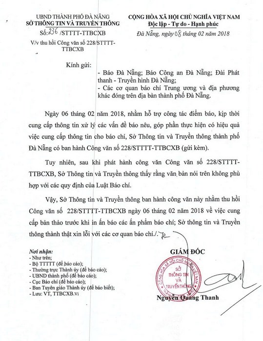 Đà Nẵng thu hồi văn bản không phù hợp với Luật Báo chí