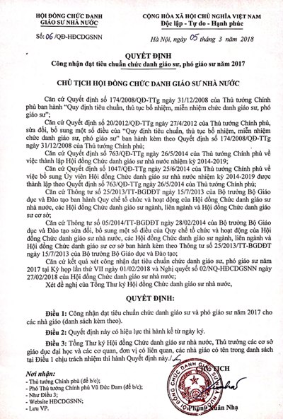Công bố Quyết định công nhận đạt tiêu chuẩn GS, PGS năm 2017 cho 1131 ứng viên