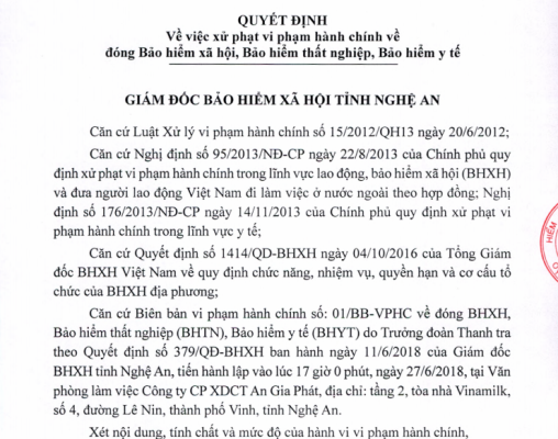 Nghệ An Xử phạt 2 Công ty vi phạm hành chính về đóng BHXH, BHYT