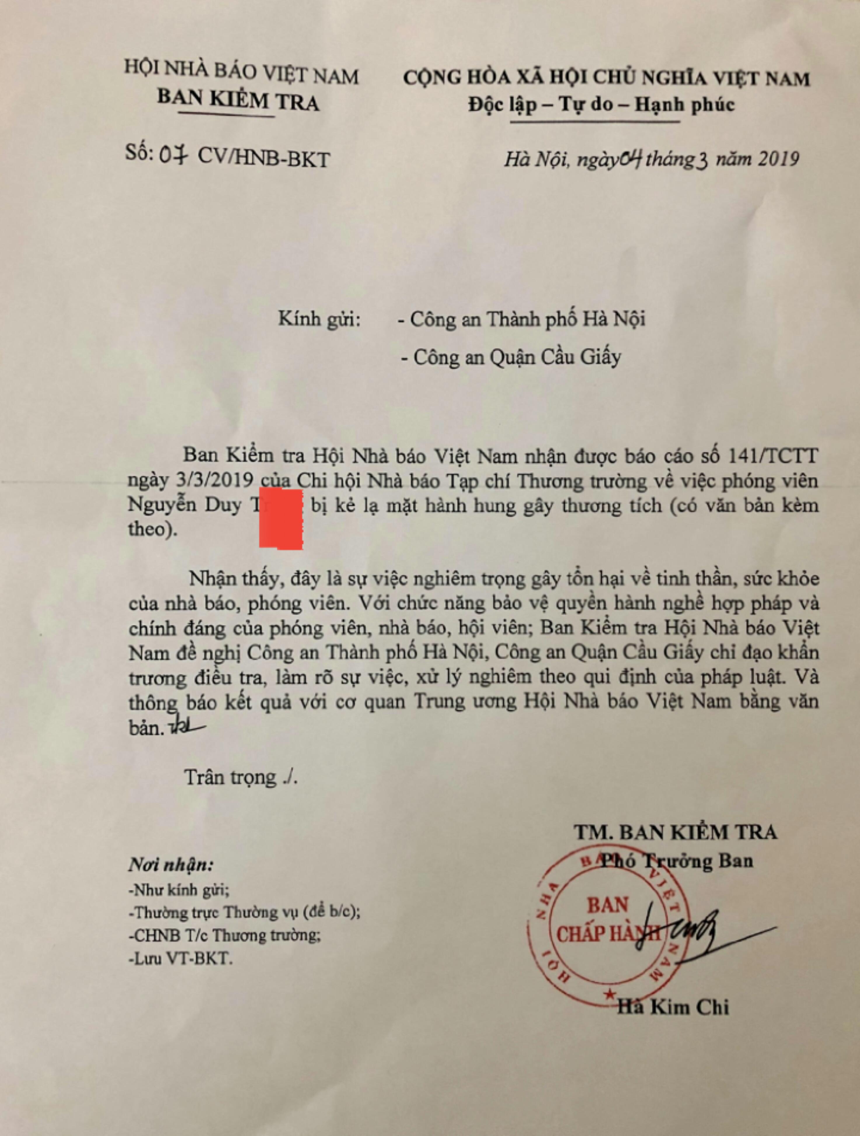 Hội Nhà báo yêu cầu xử lý nghiêm việc hành hung phóng viên