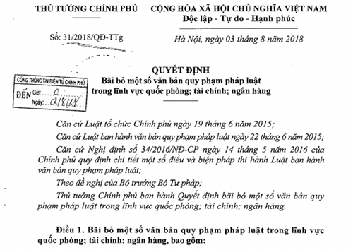 Bãi bỏ một số văn bản quy phạm pháp luật do Chính phủ ban hành