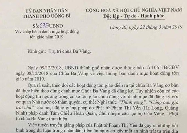 Quảng Ninh Yêu cầu chùa Ba Vàng chấm dứt ngay các chương trình không có trong danh mục hoạt động tôn giáo 2019