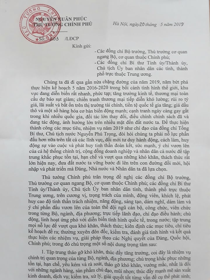 Thủ tướng gửi thư khích lệ các bộ, ngành, địa phương quyết tâm thực hiện thắng lợi mục tiêu, nhiệm vụ 2019