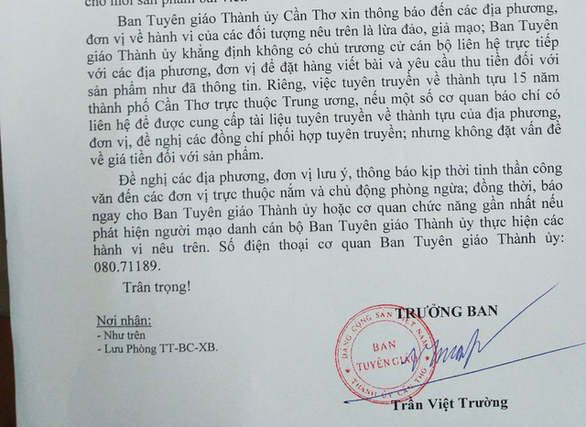 Cần Thơ Cảnh báo việc mạo danh cán bộ Ban Tuyên giáo để lừa đảo