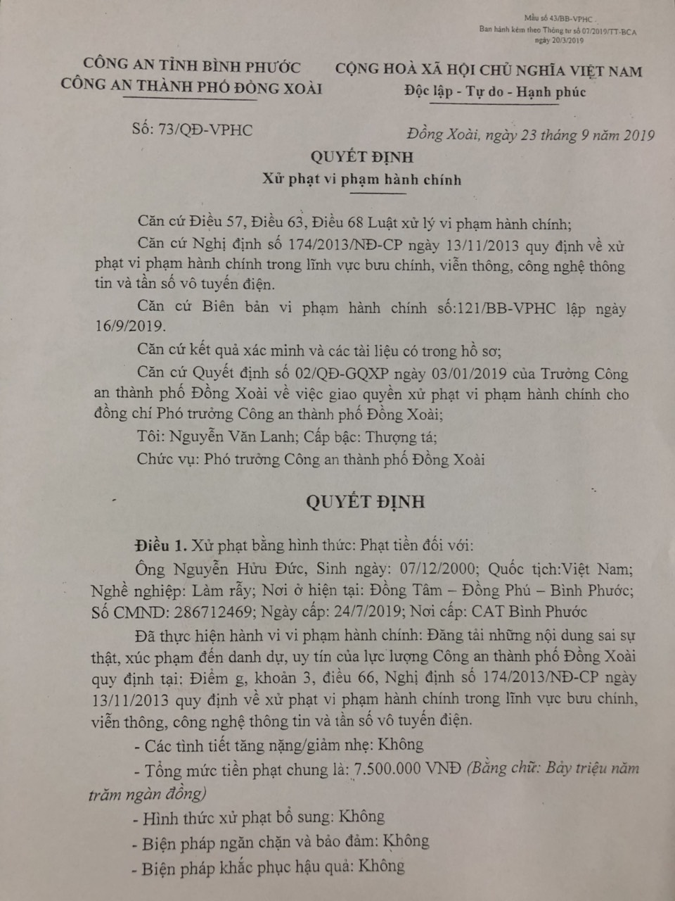 Phạt 7,5 triệu đồng nam thanh niên xúc phạm Công an trên mạng xã hội