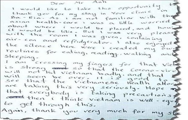 Norwegian’s handwritten letter expresses thanks to Vietnamese health workers after time in isolation