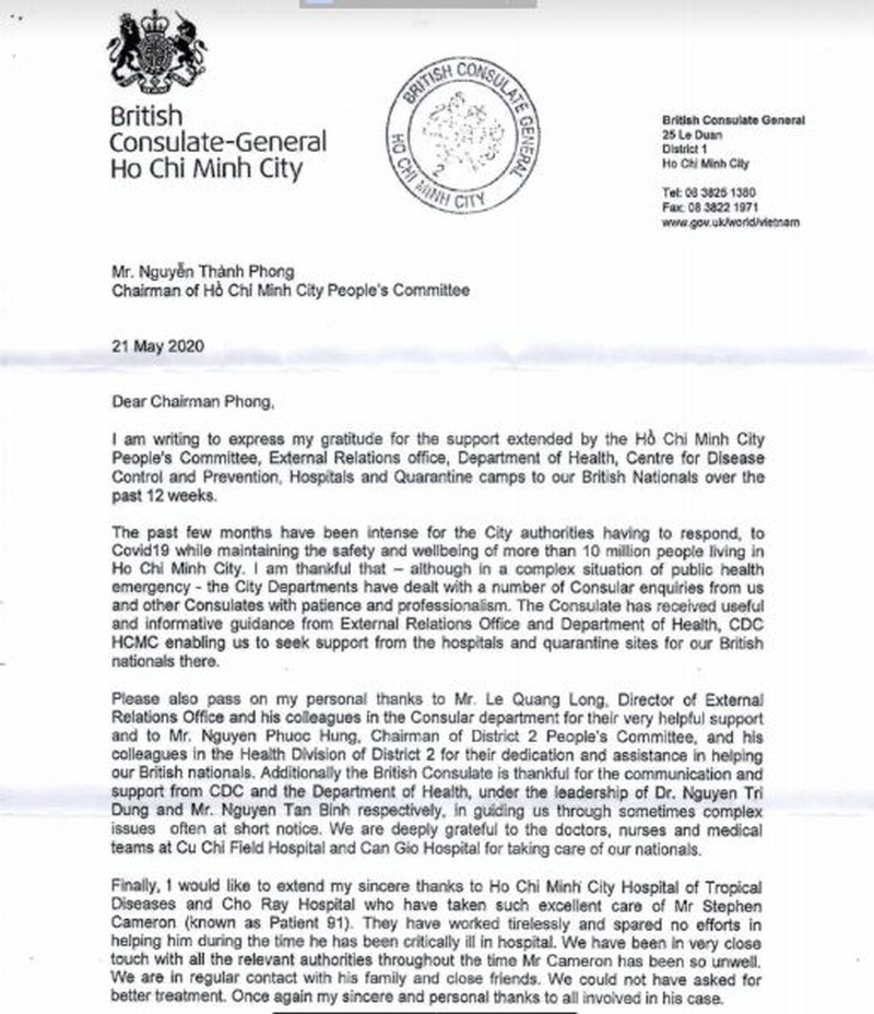 British diplomat thanks Vietnam for treating British COVID-19 patients