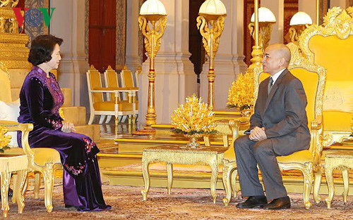 国会主席阮氏金银拜会柬埔寨国王诺罗敦•西哈莫尼