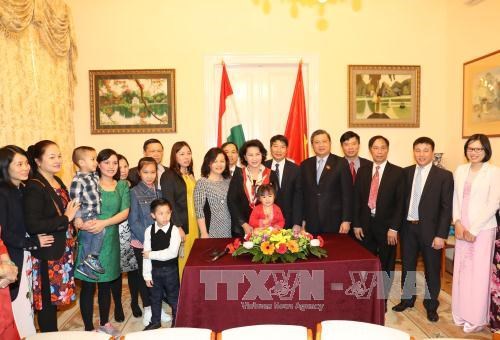 国会主席阮氏金银会见越南驻匈使馆馆员及旅居匈牙利越南人