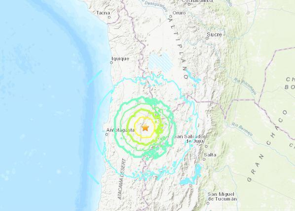 智利北部地区发生6 8级地震 震源深度96 8公里