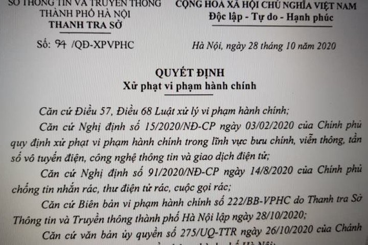 Hà Nội Xử phạt 2 trường hợp đầu tiên gọi điện, nhắn tin “rác”