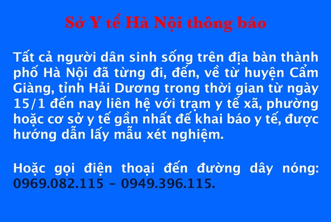 Hà Nội thông báo người từng đến huyện Cẩm Giàng cần khai báo y tế