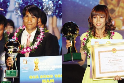 男子球员黄国英和女子球员邓氏娇贞荣获2012年越南金球奖