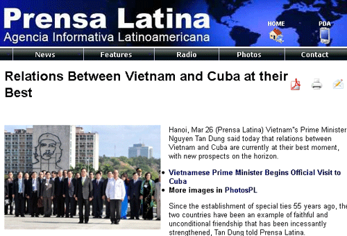 Truyền thông Cuba đưa tin về chuyến thăm của Thủ tướng Nguyễn Tấn Dũng