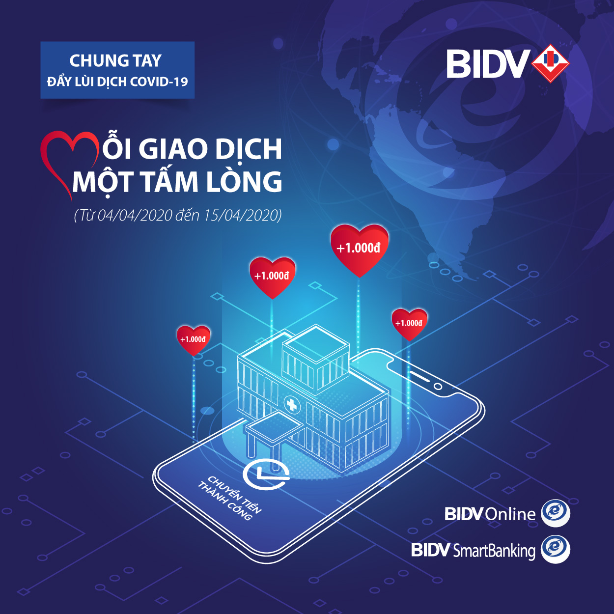 Mỗi giao dịch online, khách hàng đã cùng BIDV góp 1 000 đồng ủng hộ chống dịch
