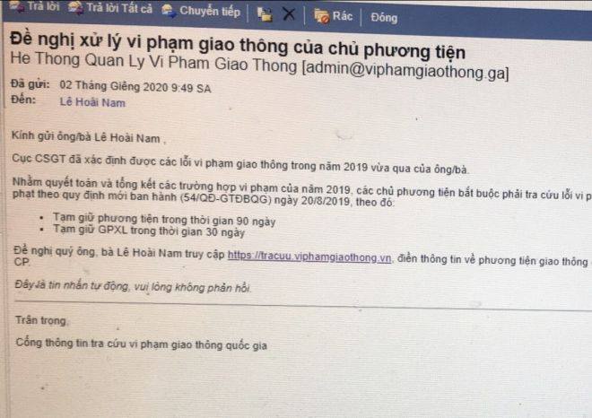 Cảnh báo lừa đảo gửi email xử phạt vi phạm giao thông