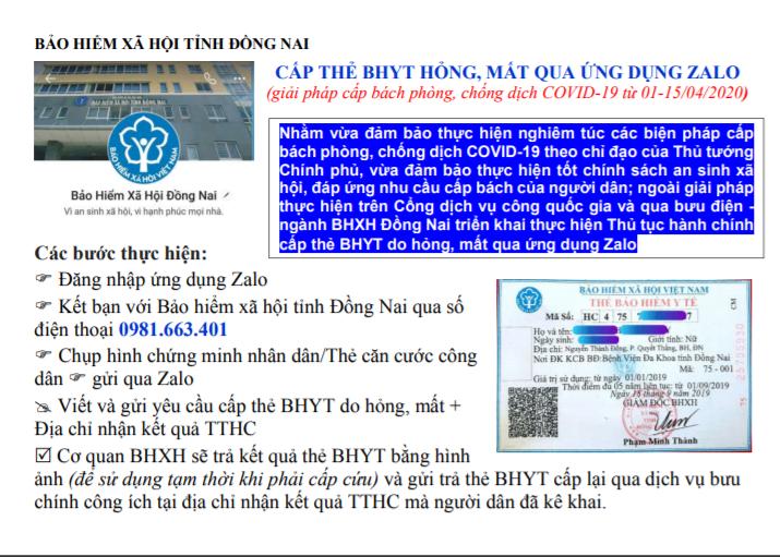 Đồng Nai Thực hiện cấp lại thẻ BHYT qua ứng dụng Zalo