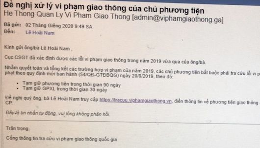 Cảnh báo lừa đảo xử lý vi phạm giao thông qua thư điện tử