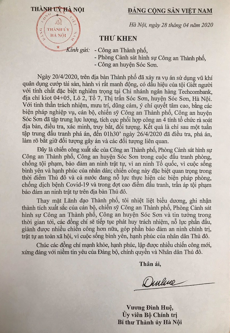 Bí thư Thành ủy Hà Nội gửi thư khen Công an thành phố đã khám phá nhanh vụ án cướp ngân hàng