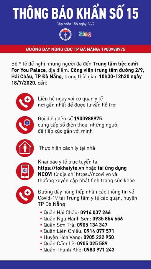 Bộ Y tế phát thông báo khẩn liên quan đến ca mắc COVID-19 ở Đà Nẵng