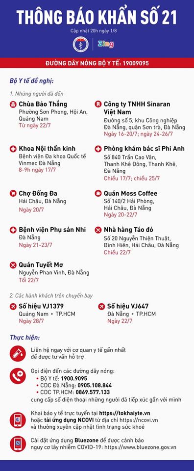 Thông báo khẩn số 21 về các địa điểm và chuyến bay liên quan đến bệnh nhân COVID-19