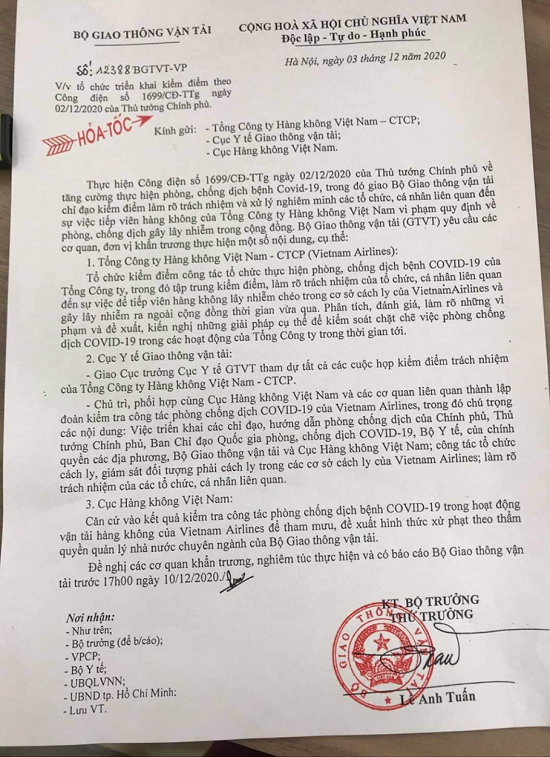 Bộ GTVT chỉ đạo kiểm điểm vụ tiếp viên hàng không lây lan COVID-19