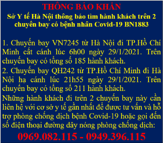 Hà Nội khẩn tìm 400 người đi cùng máy bay với BN1883 nhiễm COVID-19