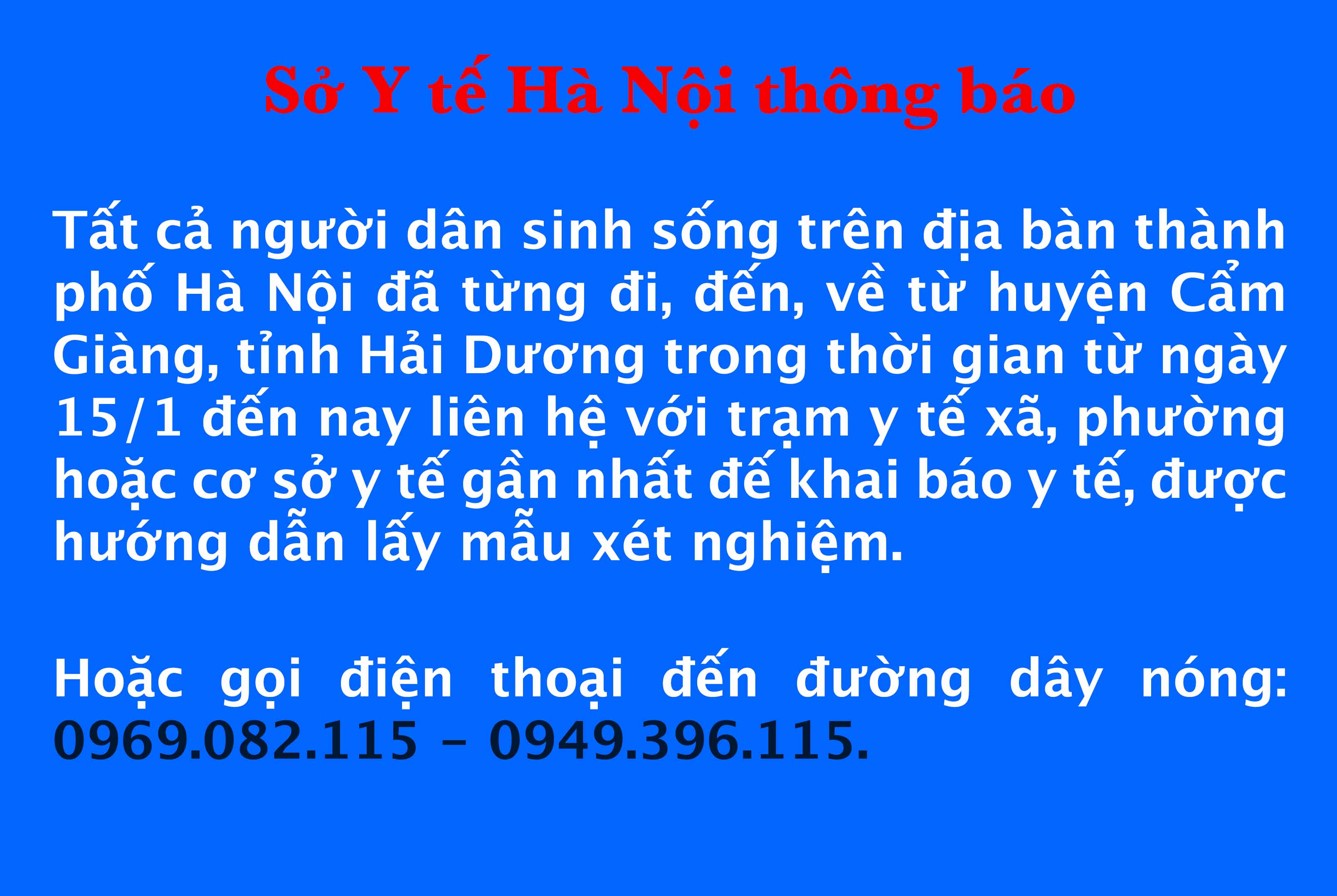Hà Nội thông báo người từng đến huyện Cẩm Giàng cần khai báo y tế