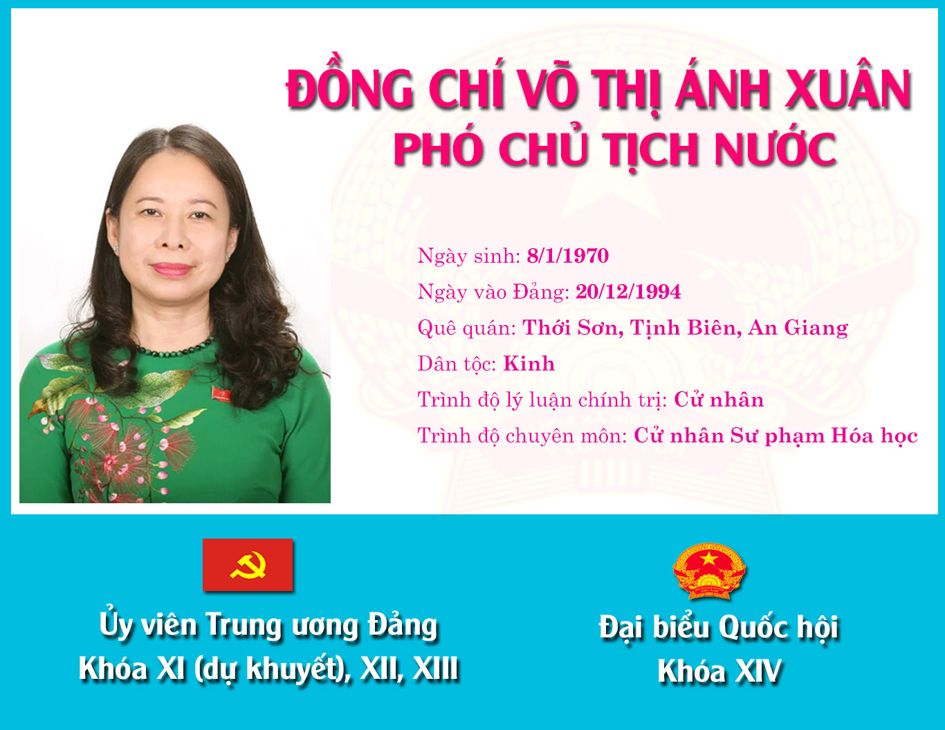 [Infographic] Chân dung tân Phó Chủ tịch nước Võ Thị Ánh Xuân