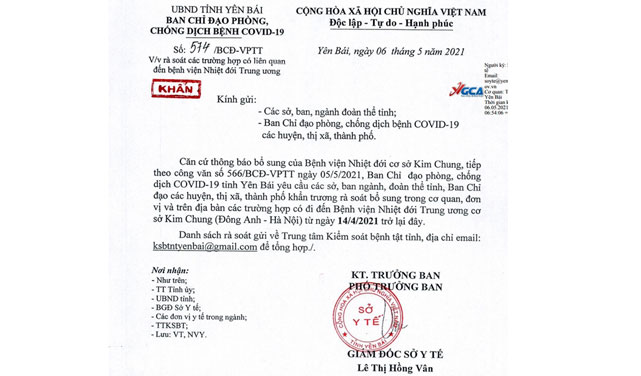 Yên Bái rà soát trường hợp liên quan đến Bệnh viện Bệnh nhiệt đới Trung ương