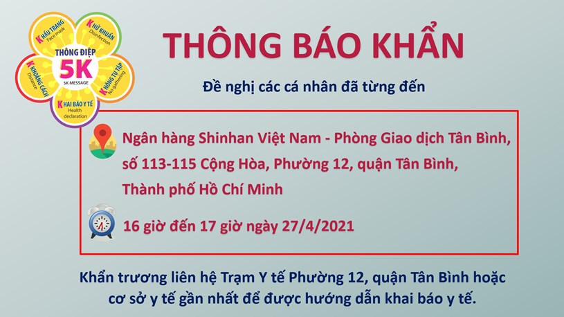 TP Hồ Chí Minh Tìm người từng đến Ngân hàng Shinhan Việt Nam PDG Tân Bình