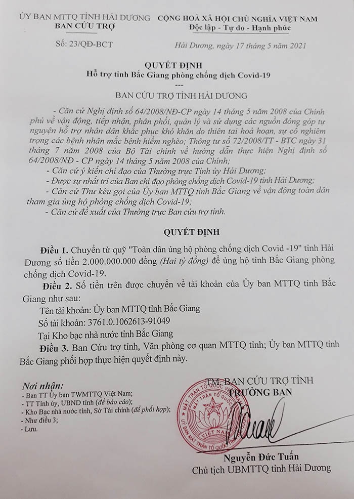 Hải Dương ủng hộ Bắc Giang, Bắc Ninh mỗi tỉnh 2 tỷ đồng chống dịch