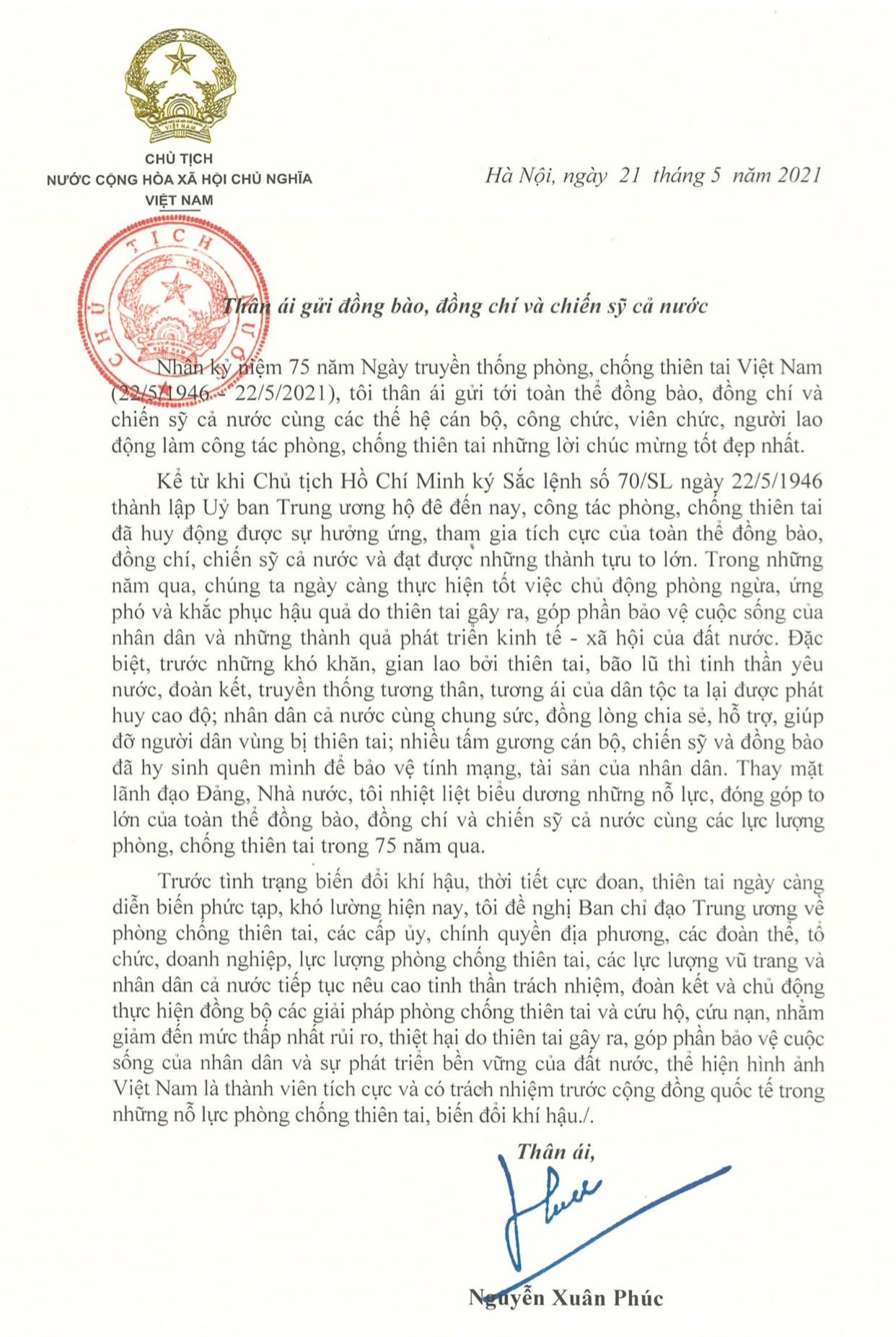 Thư của Chủ tịch nước nhân 75 năm Ngày truyền thống phòng, chống thiên tai