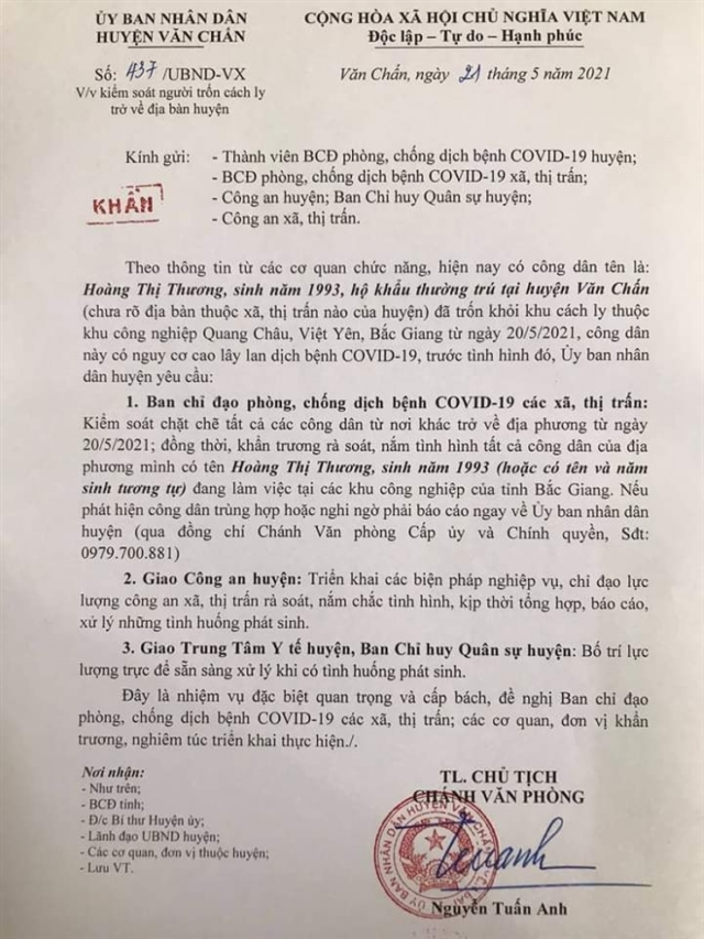 Huyện Văn Chấn khẩn cấp truy tìm người trốn cách ly từ tỉnh Bắc Giang trở về