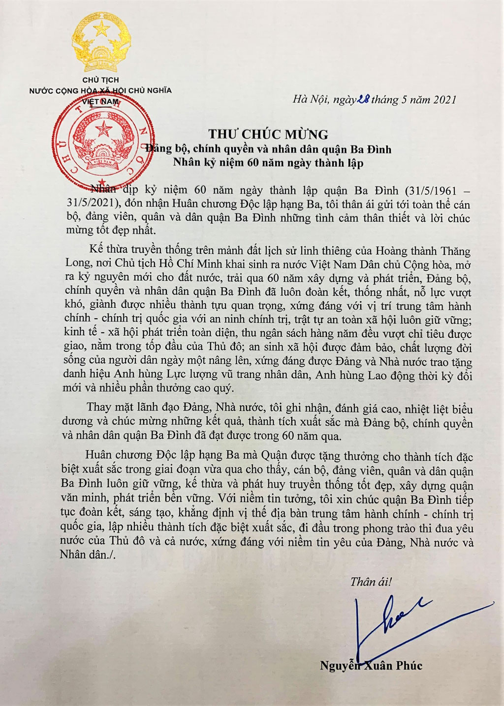 Chủ tịch nước gửi Thư chúc mừng Đảng bộ, chính quyền và nhân dân quận Ba Đình