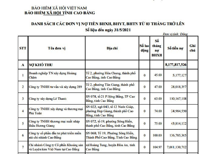 Cao Bằng 158 đơn vị nợ BHXH, BHYT, BHTN