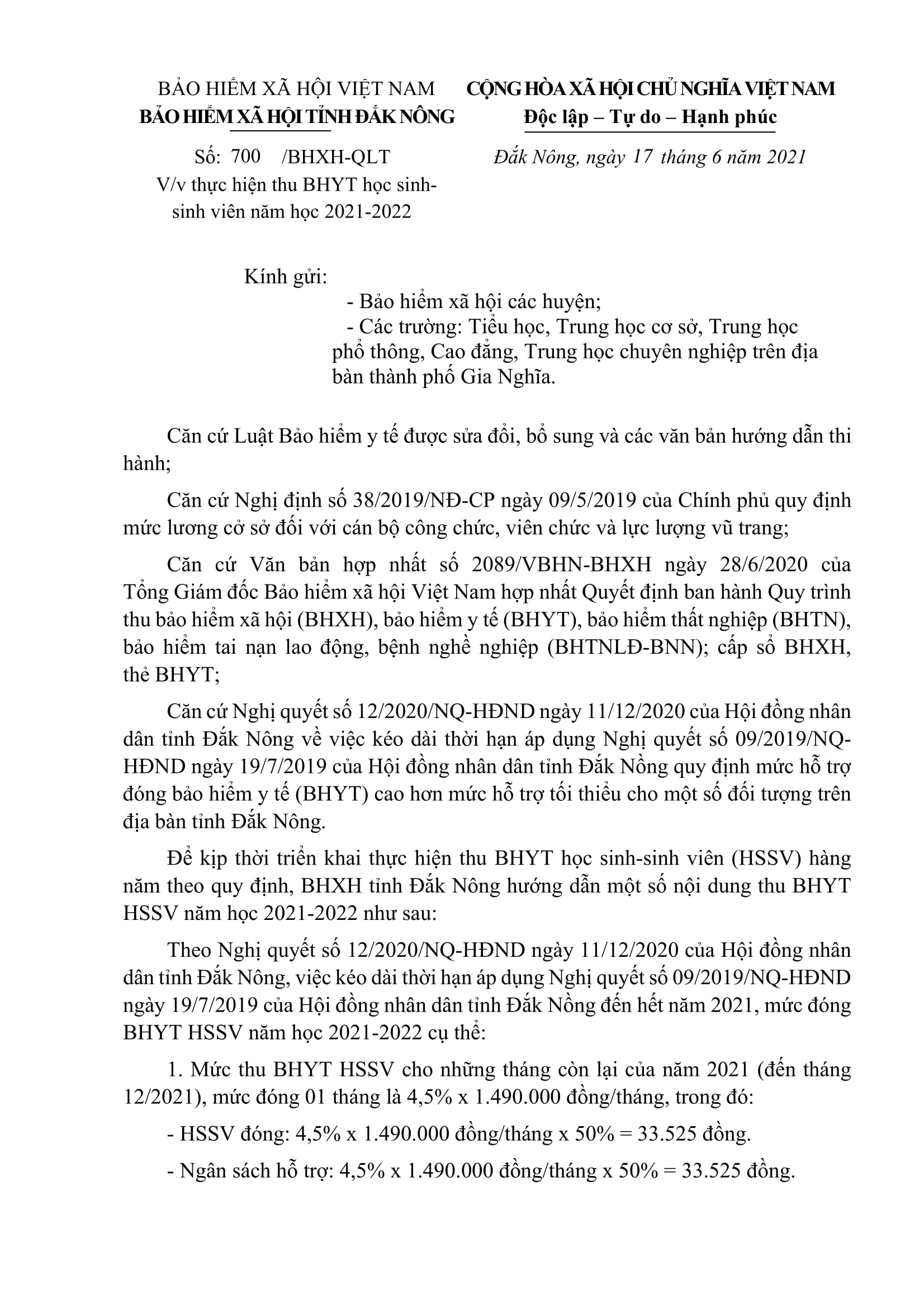 Đắk Nông Hướng dẫn thu BHYT học sinh, sinh viên năm học 2021-2022