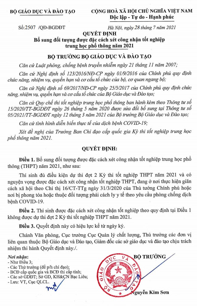 Bổ sung đối tượng được đặc cách xét công nhận tốt nghiệp THPT năm 2021