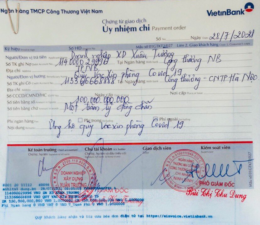 Thêm 1 doanh nghiệp ủng hộ 100 tỷ đồng cho Quỹ vắc-xin phòng, chống COVID-19