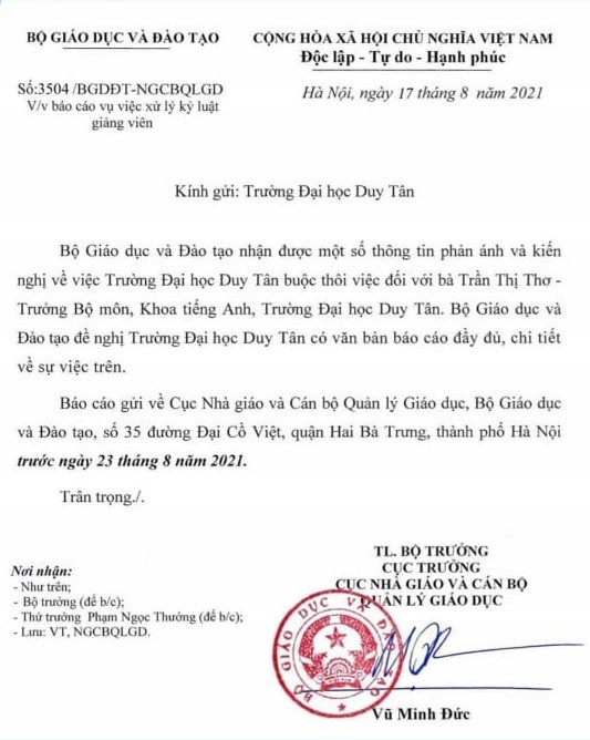 Bộ GD ĐT yêu cầu Trường ĐH Duy Tân Đà Nẵng báo cáo vụ sa thải giảng viên