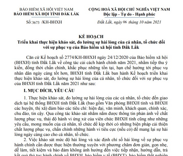 Khảo sát, đo lường sự hài lòng của cá nhân, tổ chức đối với sự phục vụ của BHXH tỉnh Đắk Lắk