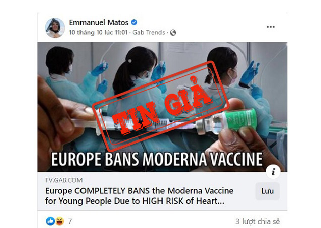 Thông tin sai sự thật “Châu Âu ngừng tiêm hoàn toàn vaccine Moderna cho người trẻ tuổi