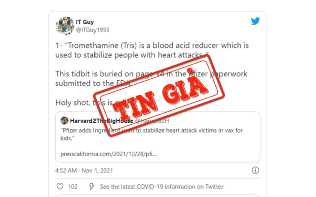 Không có việc Pfizer đưa tromethamine vào vaccine