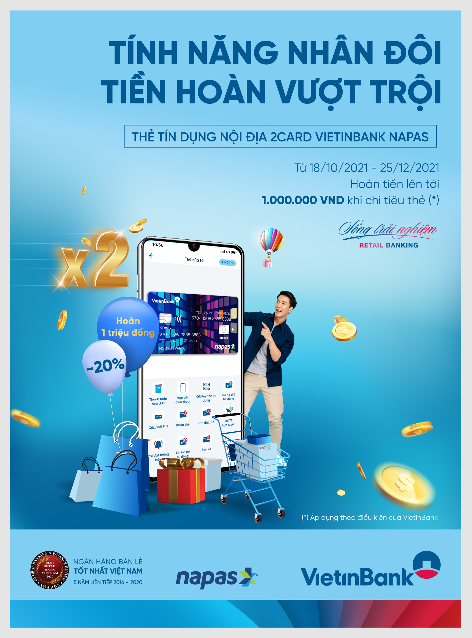Hoàn 20 giá trị chi tiêu với thẻ tín dụng nội địa VietinBank 2Card Napas