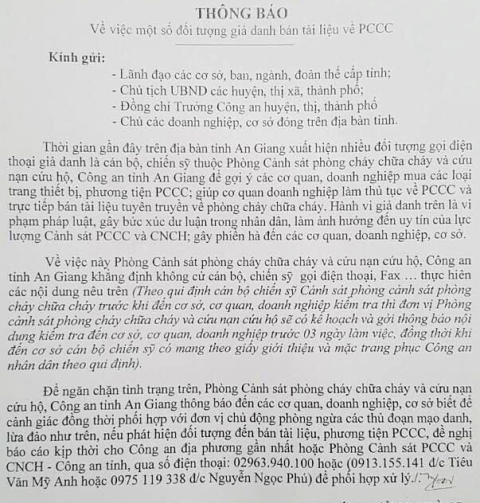 An Giang Cảnh giác với thủ đoạn giả danh công an bán tài liệu PCCC