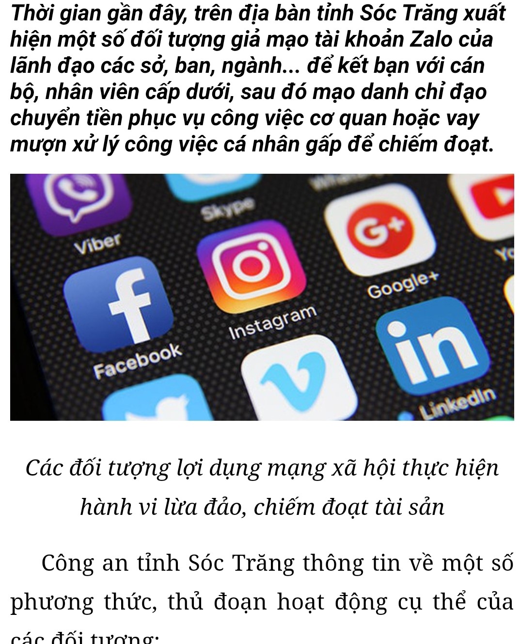 Cảnh báo thủ đoạn giả mạo tài khoản MXH của lãnh đạo để chiếm đoạt tài sản tại Sóc Trăng