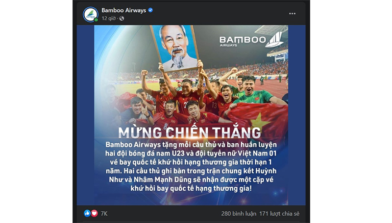 Tặng vé bay khứ hồi cho đội tuyển bóng đá nam U23 và đội tuyển bóng đá nữ Việt Nam
