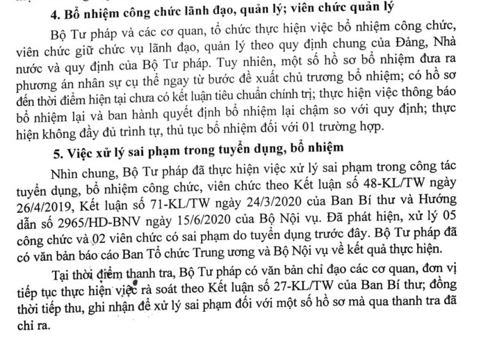 Kết luận thanh tra việc tuyển dụng, bổ nhiệm tại Bộ Tư pháp